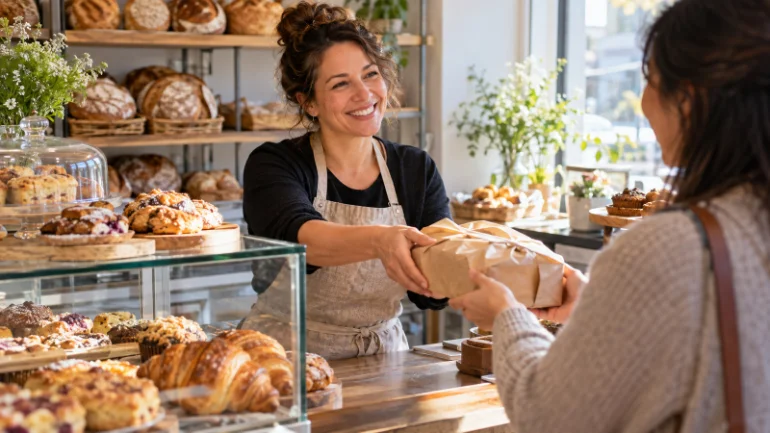 Local shop owner smiling behind the counter