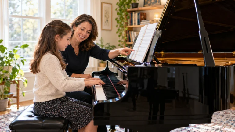 Piano teacher smiling beside a young student at a grand piano